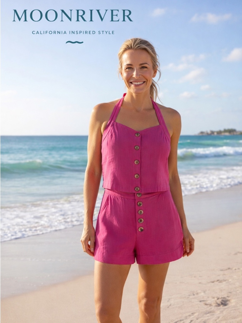 NWT Moon River Pink Halter Top & High-Waist Shorts 2-Piece Set Size M